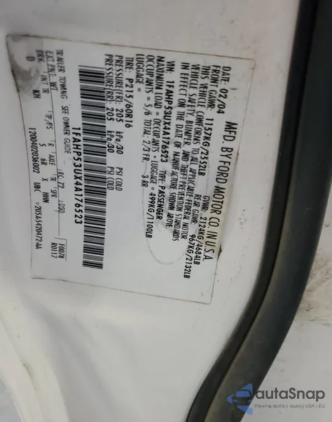 2004 Ford Taurus Se z USA, uszkodzony, nr VIN 1FAHP53UX4A176523